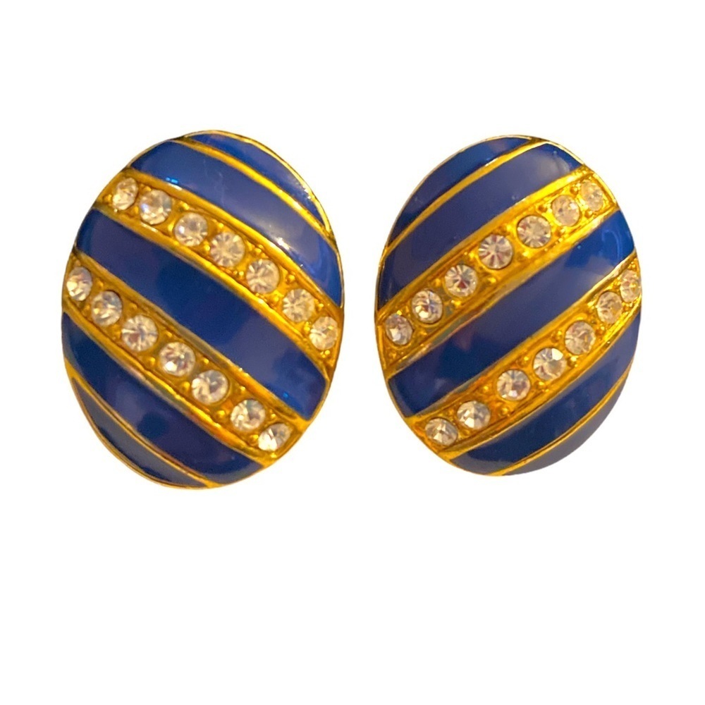 Blue Gold Rhinestone Oval Clip On Earrings Statement‎ Fashion Jewelry